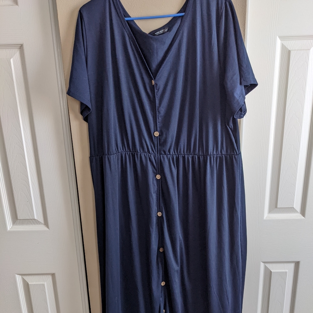 SHEIN Navy 4X Green Maxi Button Down Dress